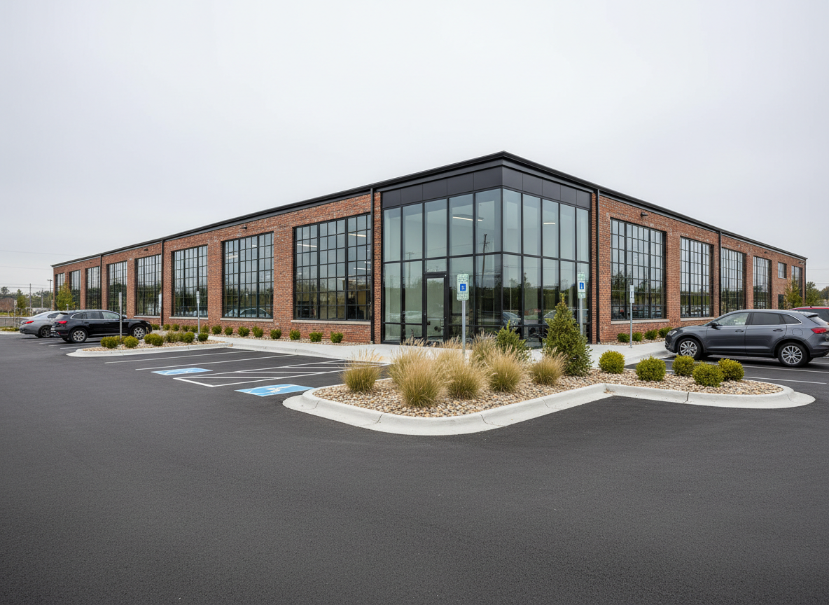A low-rise industrial-to-office conversion property that demonstrates value-add investment, with an original red brick exterior seamlessly integrated with new black metal-framed windows and a sleek glass corner entrance. The foreground shows a neatly repaved parking area with clearly painted lines and landscaped islands of ornamental grasses and small evergreens bordered by clean concrete curbs. Soft overcast daylight produces even, diffused lighting, eliminating harsh contrasts and highlighting textures in the brick and metal. The sky is a gentle gray gradient, keeping attention on the asset. Shot from a slightly elevated, wide-angle viewpoint with strong linear perspective, the photographic realism and modern yet grounded aesthetic create a mood of transformation, opportunity, and disciplined improvement of real estate holdings.