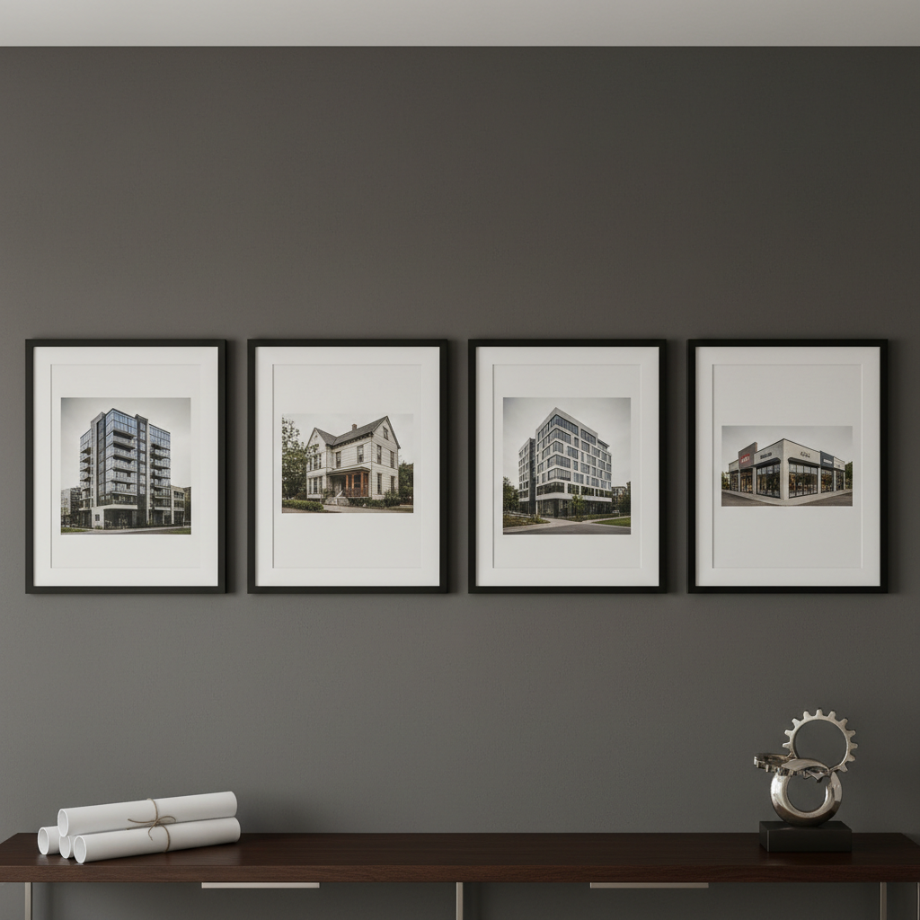 A curated portfolio of real estate investment properties displayed as a series of clean, framed architectural photographs on a matte charcoal wall in a minimalist office setting. Each frame showcases a different asset type: a modern apartment building, a renovated townhouse, a contemporary office block, and a small retail complex, all in neutral, sophisticated tones. Soft, diffused ceiling lighting casts even illumination without harsh shadows, highlighting the precision of each frame. A sleek, dark wood console beneath the display holds neatly stacked architectural plans and a single, elegant metal desk sculpture. Captured straight-on with sharp focus throughout, the photographic realism and orderly composition create a mood of diligence, strategic thinking, and confidence in asset management.
