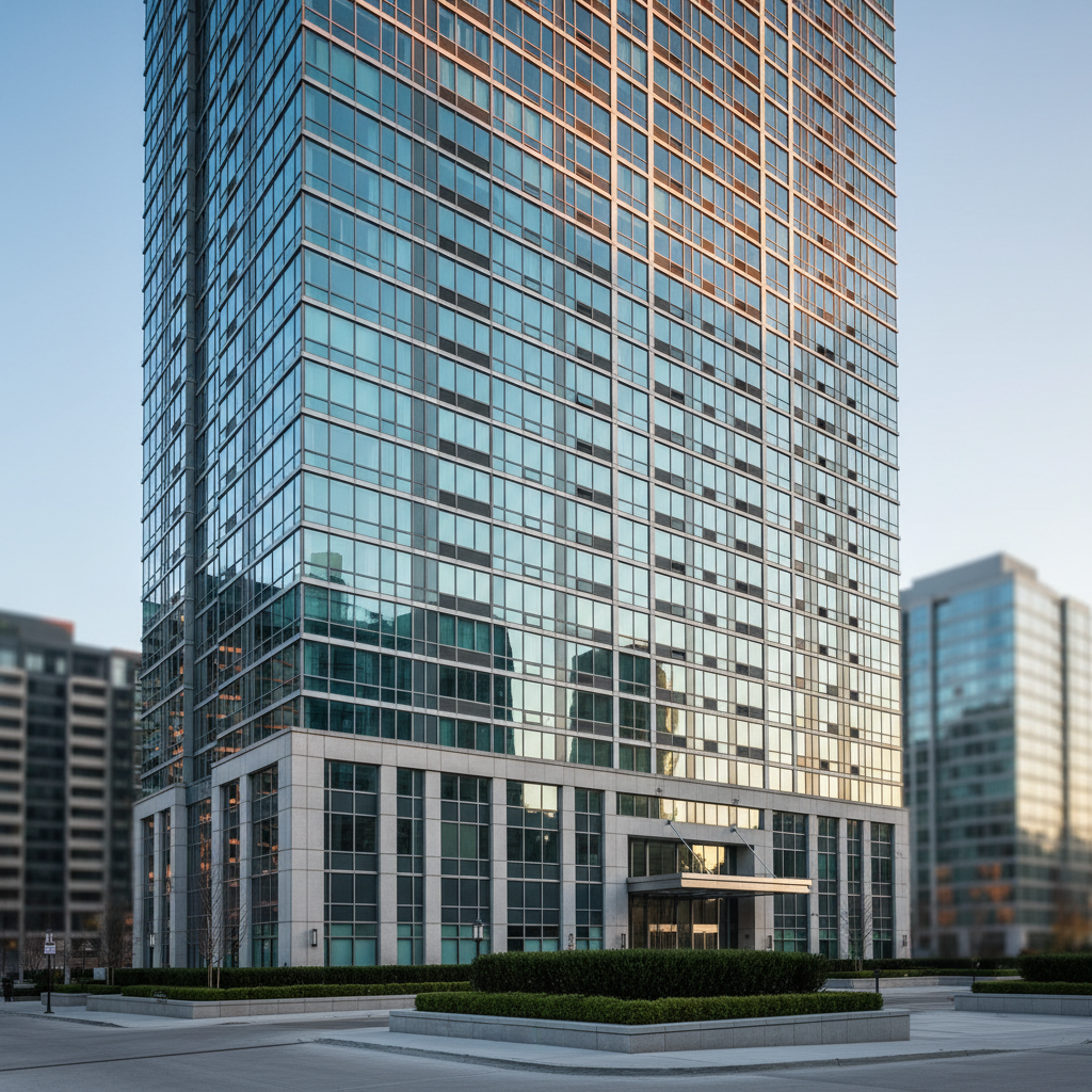 A sleek glass-and-steel high-rise residential building, its façade a grid of reflective windows and charcoal metal panels, stands prominently in a clean, modern cityscape. At the base, meticulously landscaped planters with deep green shrubs and pale stone edging frame the entrance. Late afternoon sunlight washes across the structure, creating crisp reflections and subtle gradients in the glass. The sky is clear, pale blue, with distant buildings softly blurred to emphasize the property. Photographed at an eye-level, three-quarter angle with sharp focus on the building and a gentle bokeh in the background, the image conveys stability, professionalism, and long-term value through photographic realism and a polished, corporate aesthetic.