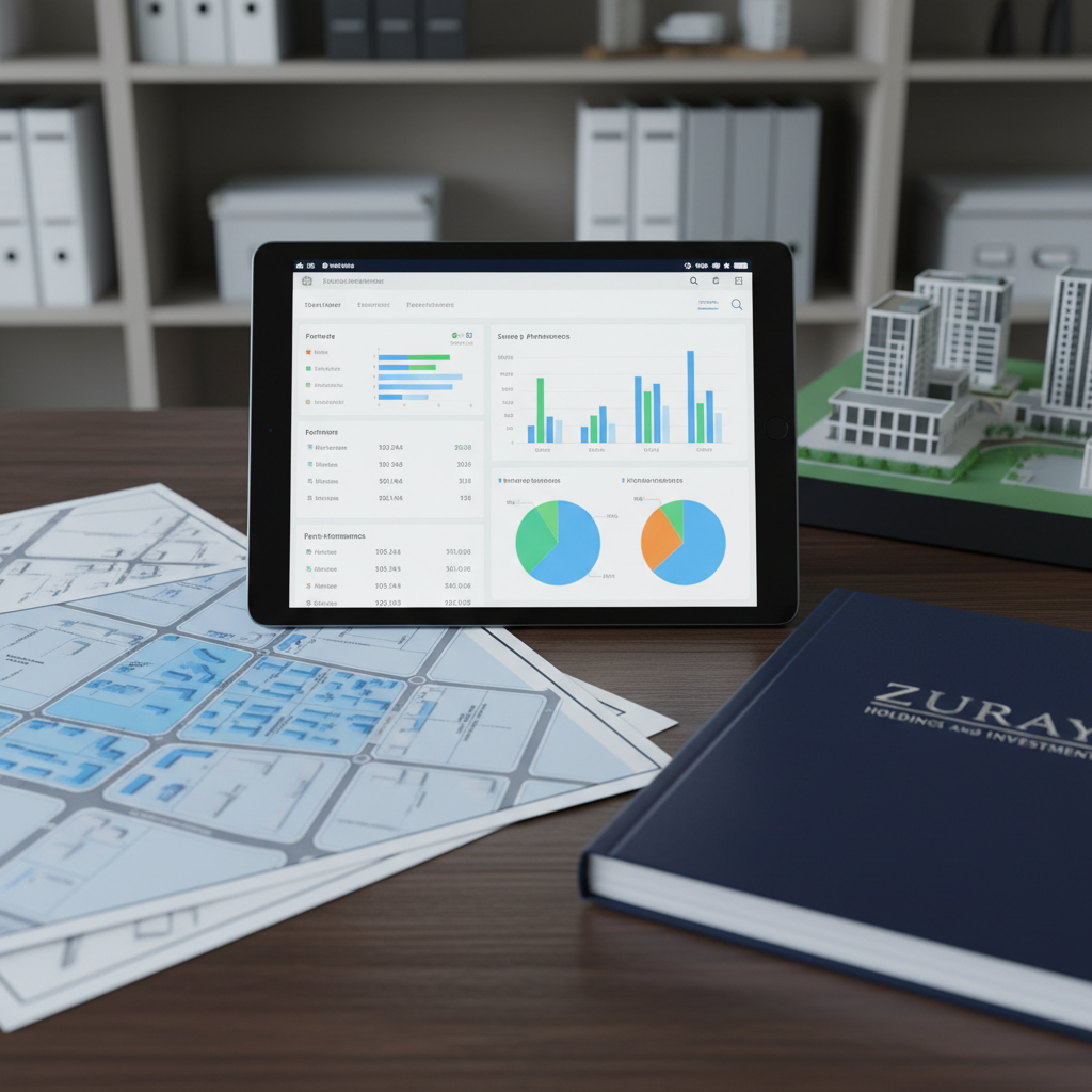A detailed close-up of a financial analyst’s desk focused solely on real estate investment materials: a high-resolution tablet displaying a color-coded property performance dashboard, printed site plans with crisp blue and gray linework, and a bound investment report with the embossed title “Zuray Holdings and Investments” in silver on a navy cover. Everything sits on a dark walnut surface with a subtle grain. Cool, even overhead lighting creates minimal shadows, enhancing legibility of charts and maps. The background fades into a soft blur of neutral-toned shelving with organized binders and scale models of buildings. Shot from a slightly elevated angle with shallow depth of field, the photographic, clean, and modern style conveys precision, data-driven decision making, and professional stewardship of real estate assets.
