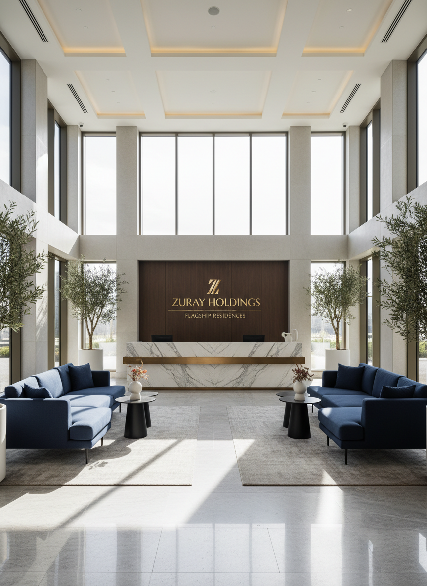 An elegantly furnished lobby of a premium multifamily property, designed to represent a flagship Zuray Holdings investment. The space features a double-height ceiling, floor-to-ceiling windows, and a central reception counter clad in white-veined gray marble with a brushed brass accent line. Deep blue, low-profile sofas sit on a textured, light stone-colored rug, flanked by matte black side tables. Morning sunlight streams through the glass, creating long, soft shadows and gentle reflections on the polished stone floor. Potted indoor trees in minimalist planters add a touch of greenery. Photographed from a wide, eye-level perspective with crisp focus, the photographic realism and balanced, symmetrical composition project a mood of understated luxury, long-term quality, and meticulous property management.